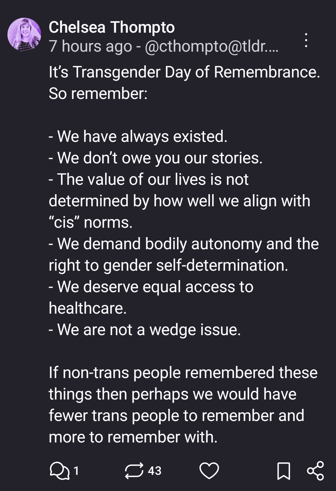 It’s Transgender Day of Remembrance. So remember:

- We have always existed.
- We don’t owe you our stories.
- The value of our lives is not determined by how well we align with “cis” norms.
- We demand bodily autonomy and the right to gender self-determination.
- We deserve equal access to healthcare.
- We are not a wedge issue.

If non-trans people remembered these things then perhaps we would have fewer trans people to remember and more to remember with.