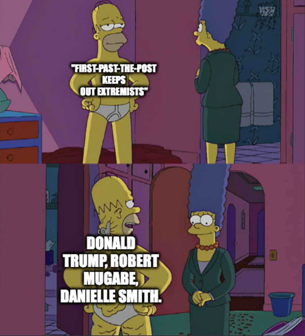 Homer Simpson looking good up front to Marge "first-past-the-post keeps out Extremists" behind held back fat "Donald Trump, Robert Mugabe, Danielle Smith"