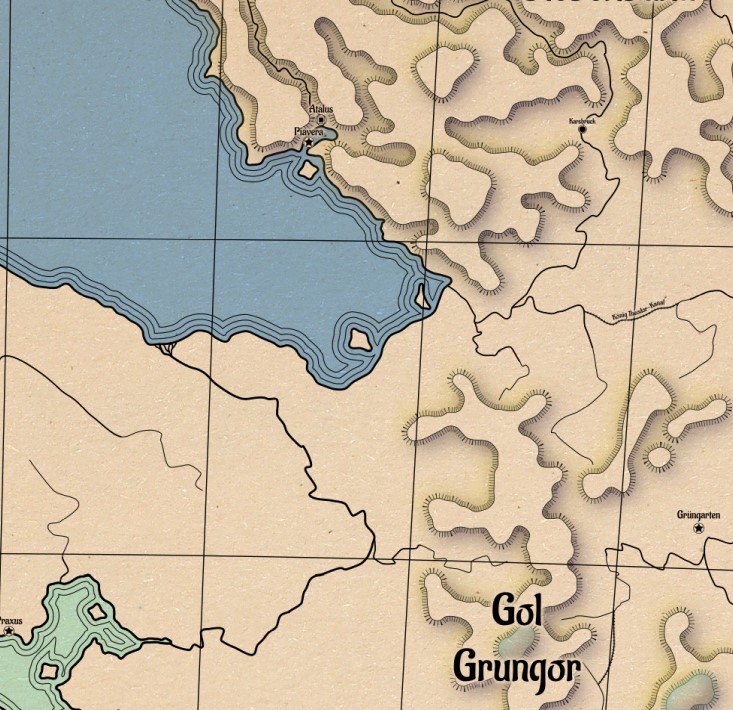 A map snippet showing mountains, rivers, lakes, an ocean, and cities.