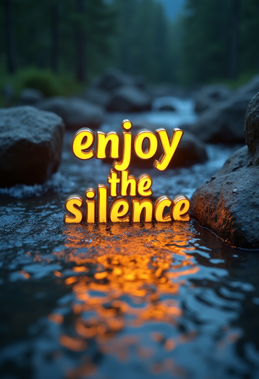 A natural setting with a flowing stream surrounded by large rocks. The background is blurred, indicating a forested area with tall trees. In the foreground, the words "enjoy the silence" are prominently displayed in bright, glowing yellow text partially submerged and reflecting off the water's surface. 