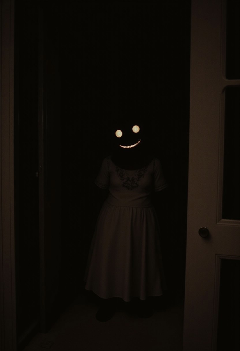 A figure standing in a dark doorway leading to an even darker space. The figure appears to be wearing a full-length dress with some detail at the chest. The figure’s face, which is not visible; instead, two glowing spots represent eyes and a jagged glowing crescent represents a smiling mouth. 