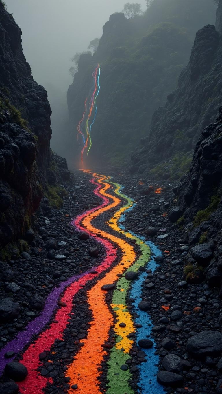 A narrow, rocky canyon with steep, dark cliffs on either side. A set of vibrant, multicolored stripes resembling a rainbow wind through the canyon, starting from a distant, misty cliff and leading into the foreground. 