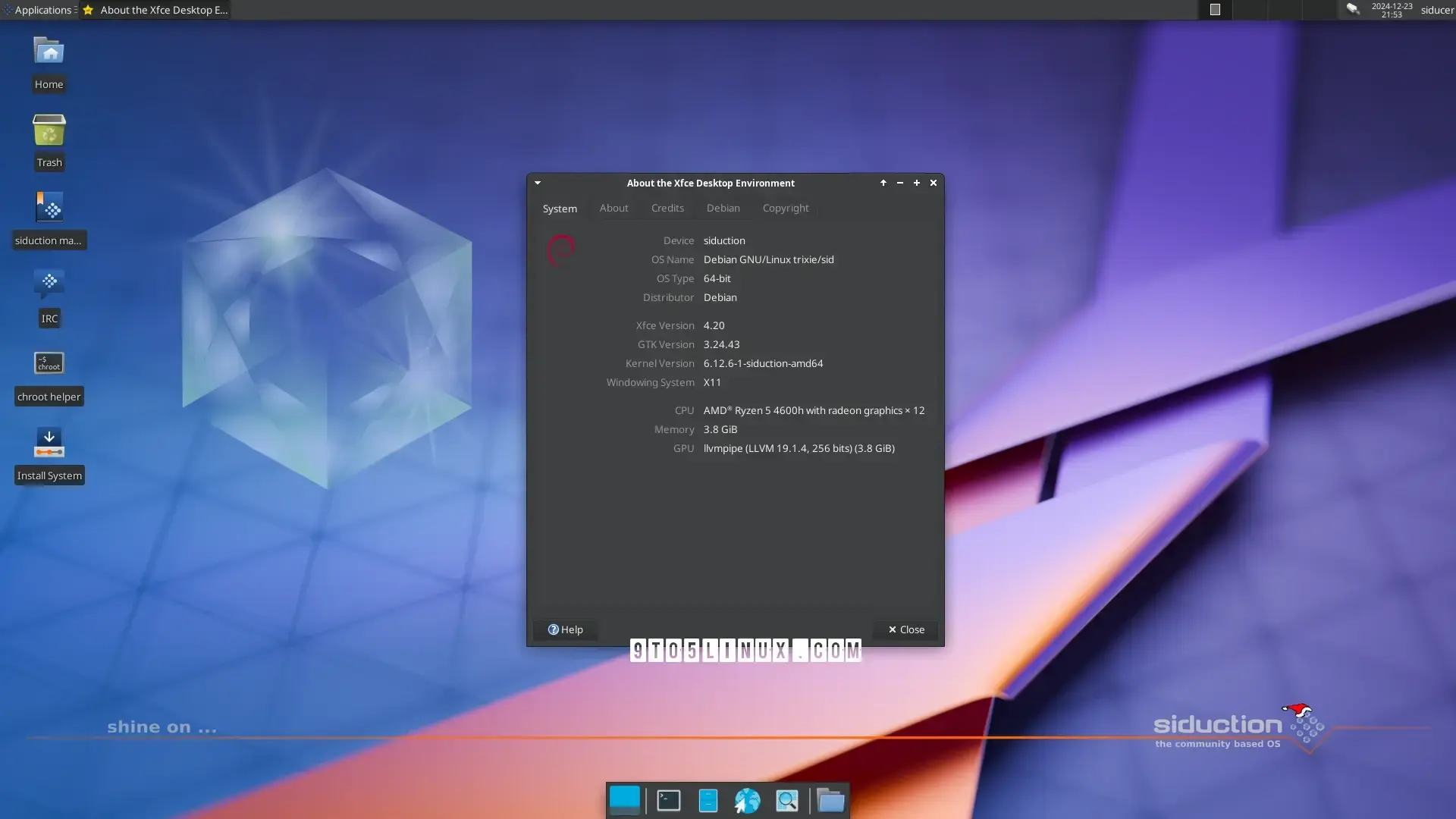 Screenshot of siduction Linux 2024.1.0 with the Xfce 4.20 desktop environment showing the About Xfce dialog.