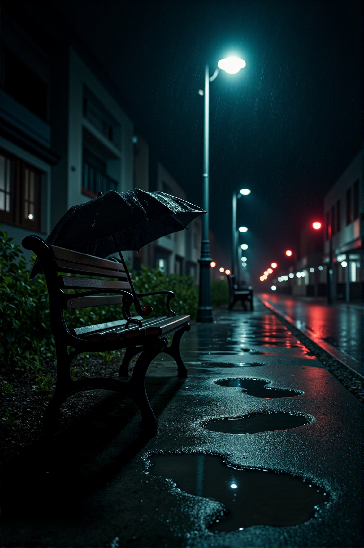 A nighttime urban scene with a focus on a wet, empty bench on a rain-soaked sidewalk. An umbrella is propped open on the bench, glistening with raindrops under the glow of a nearby streetlamp. The street is lined with buildings, and the wet pavement reflects the lights from the streetlamps, creating a melancholic atmosphere. 