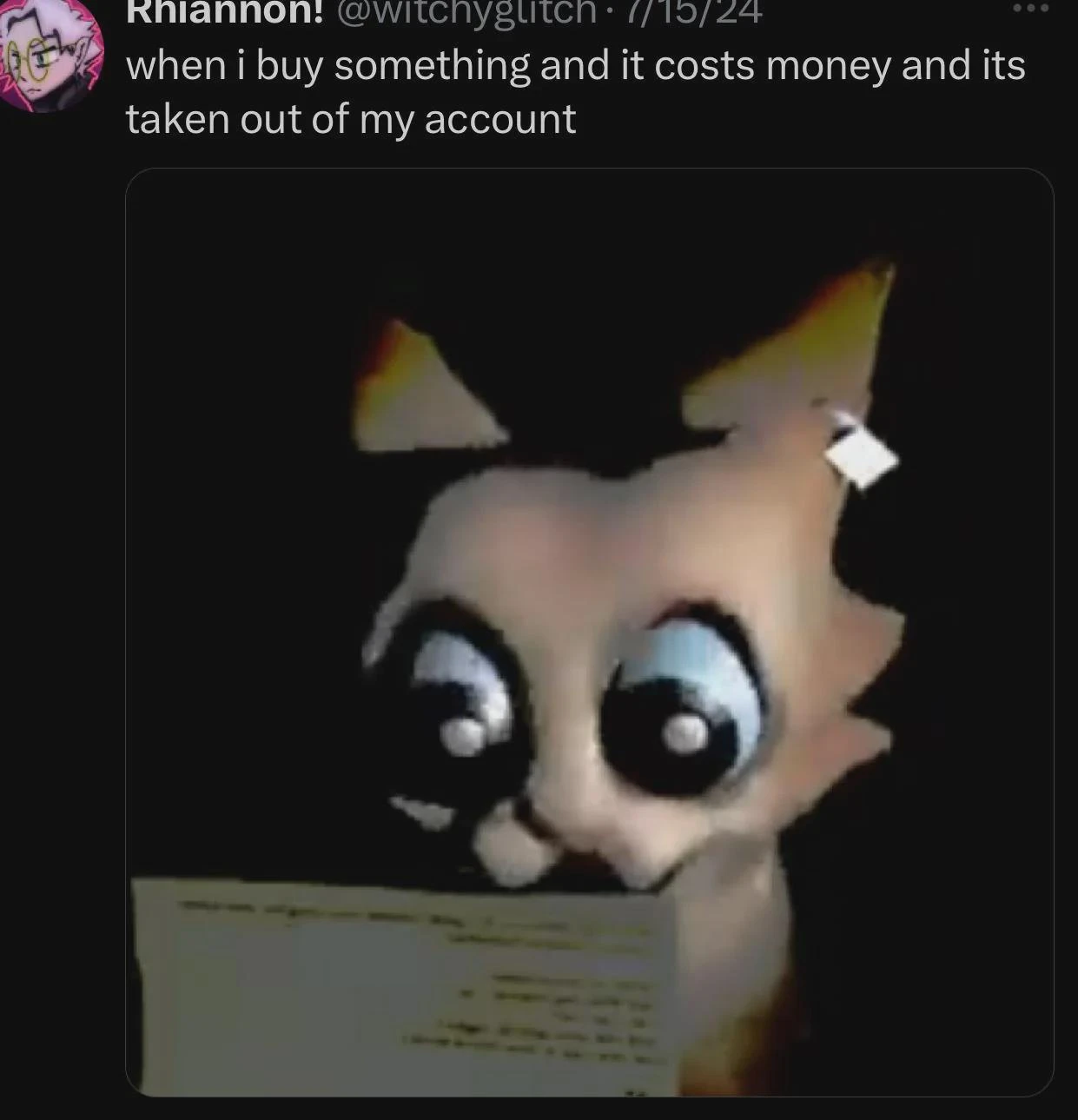 a cartoon cat looks at a sheet of paper with shock, the caption reads "when I buy something and it costs money and its taken out of my account"