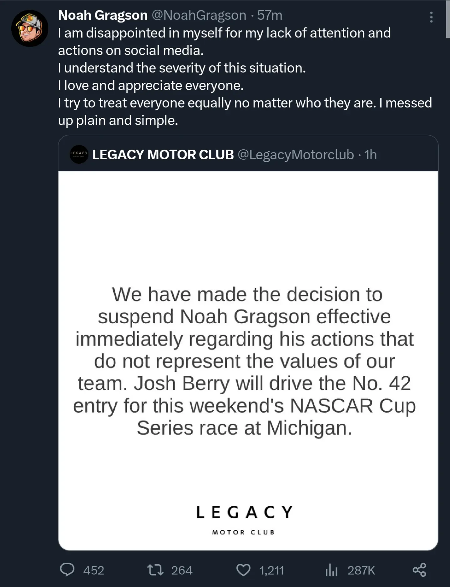 Noah Gragson suspended by Legacy Motor Club! Josh Berry to fill in!