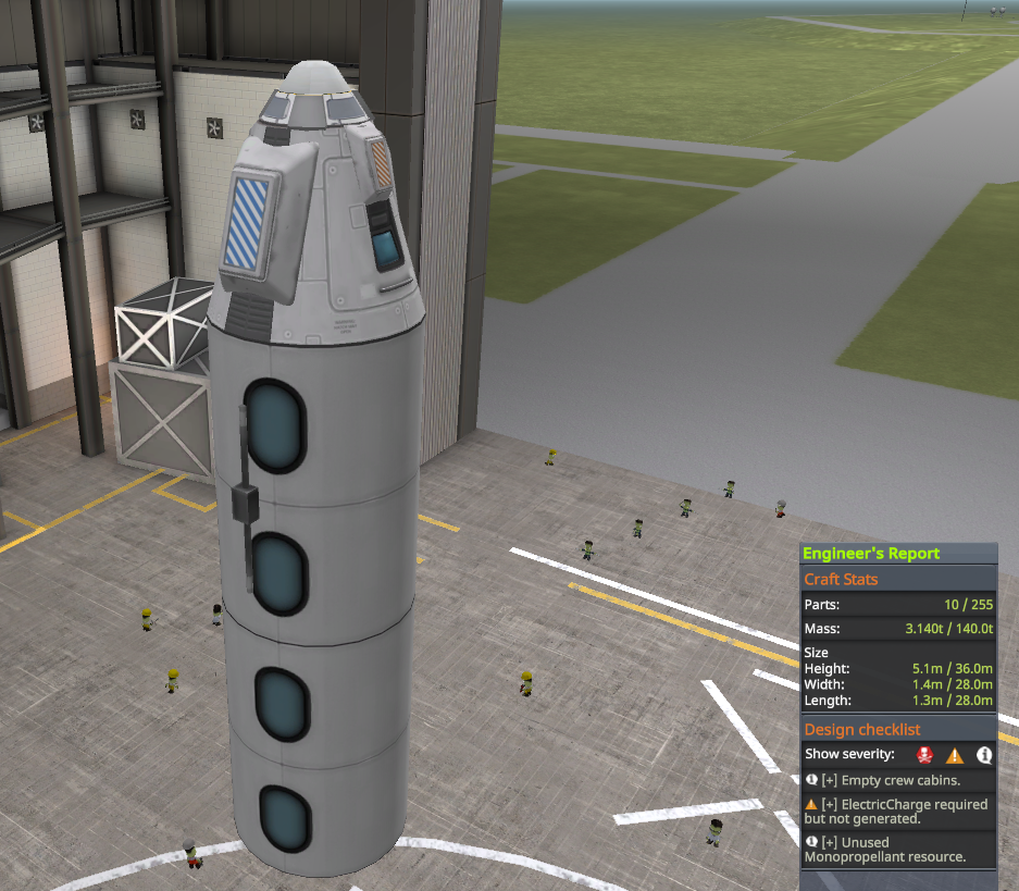 Screenshot of KSP build showing a 3.14t craft with a basic command pod, two passenger cabins, an antenna, and parachutes.