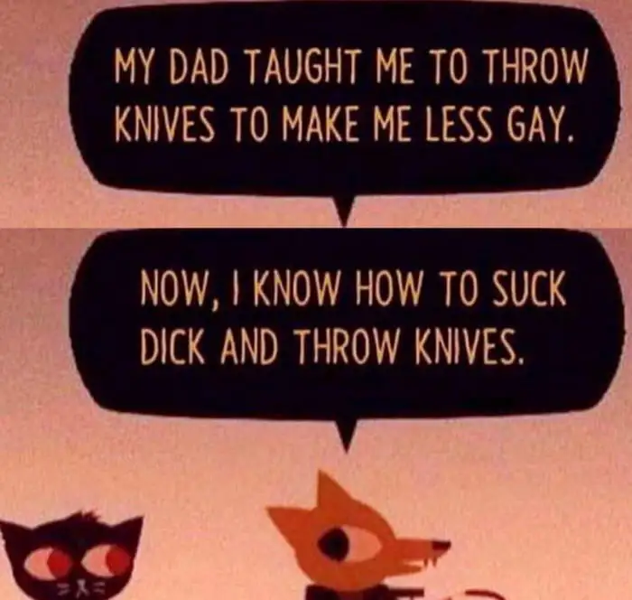 Screenshot of Gregg from Night in the Woods saying "My dad taught me to throw knives to make me less gay. Now I know how yo suck dick and throw knives."