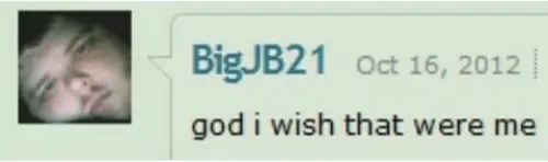 Screenshot of a deviantart comment from a user named BigJB21, dated October 16th, 2012. Comment body says "god i wish that were me"