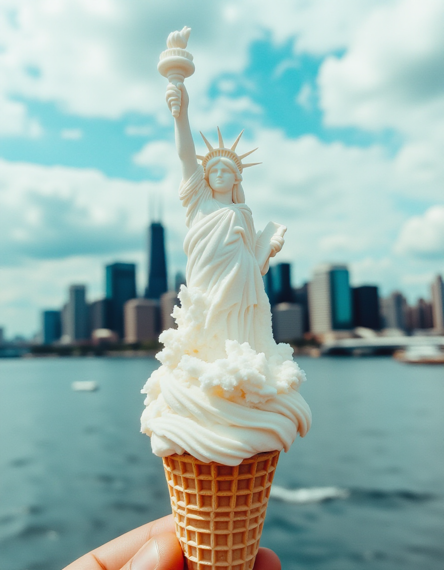 Image description: A unique ice cream cone where the soft serve is sculpted into the shape of the Statue of Liberty. The cone is held up against a backdrop of a city skyline with tall buildings and a body of water in the foreground. The sky is partly cloudy, adding a picturesque quality to the scene. 