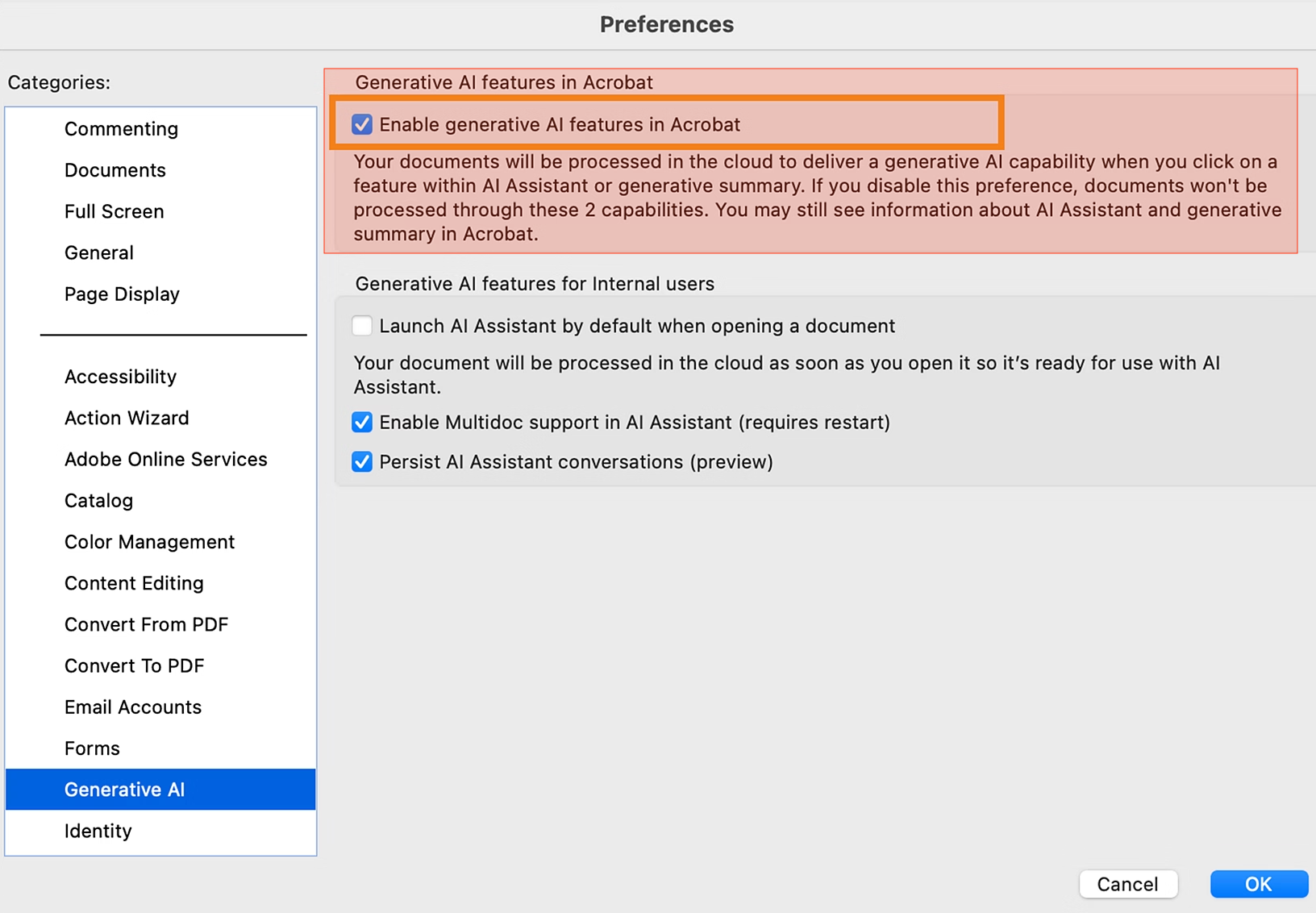 Adobe Acrobat Preferences, Generative AI Features in Acrobat:

"[x] Enable generative AI features in Acrobat

Your documents will be processed in the cloud to deliver a generative Al capability when you click on a feature within Al Assistant or generative summary. If you disable this preference, documents won't be Full Screen processed through these 2 capabilities."