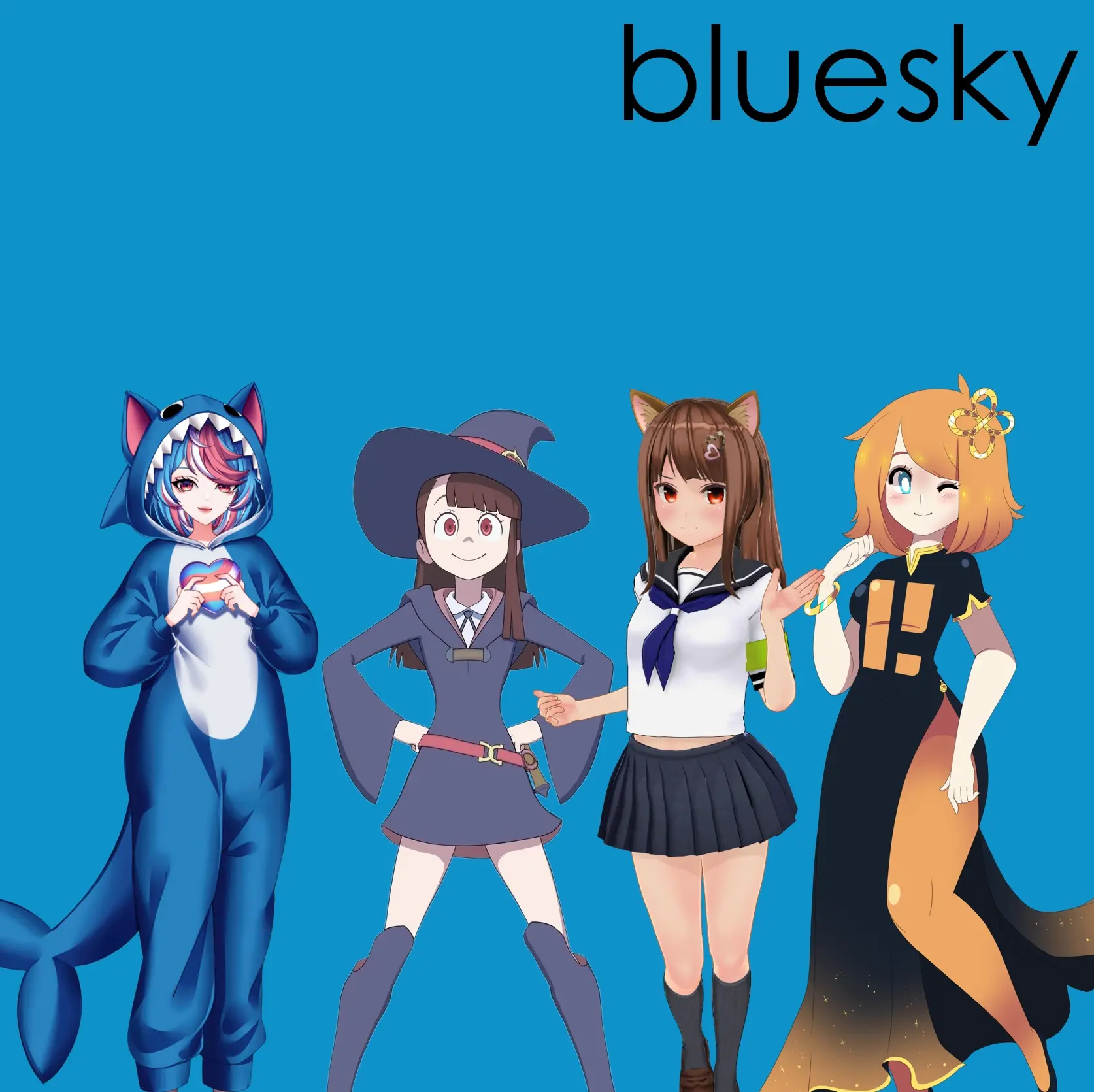 the sharkey mascot luzie, akko kagari, ai-chan, and pleroma-tan standing in front of a blue background, with the word "bluesky" written in the top right corner