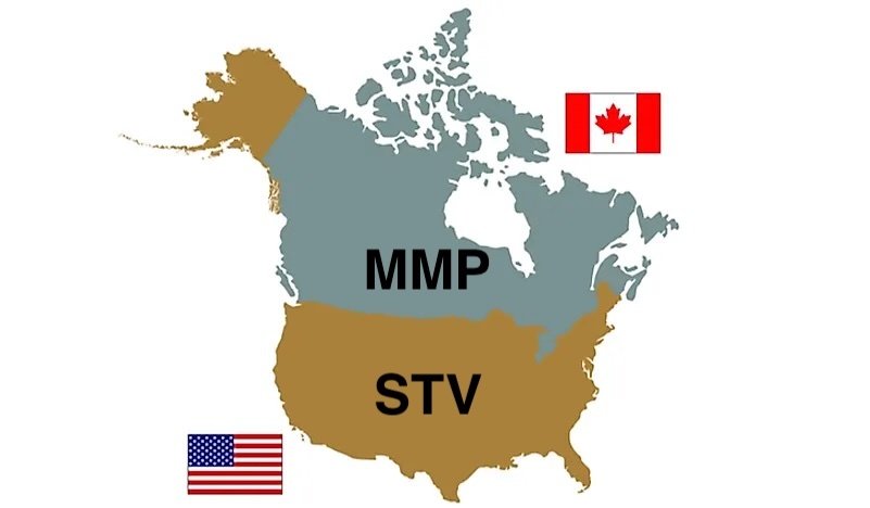 Map of America with STV and Canada with MMP