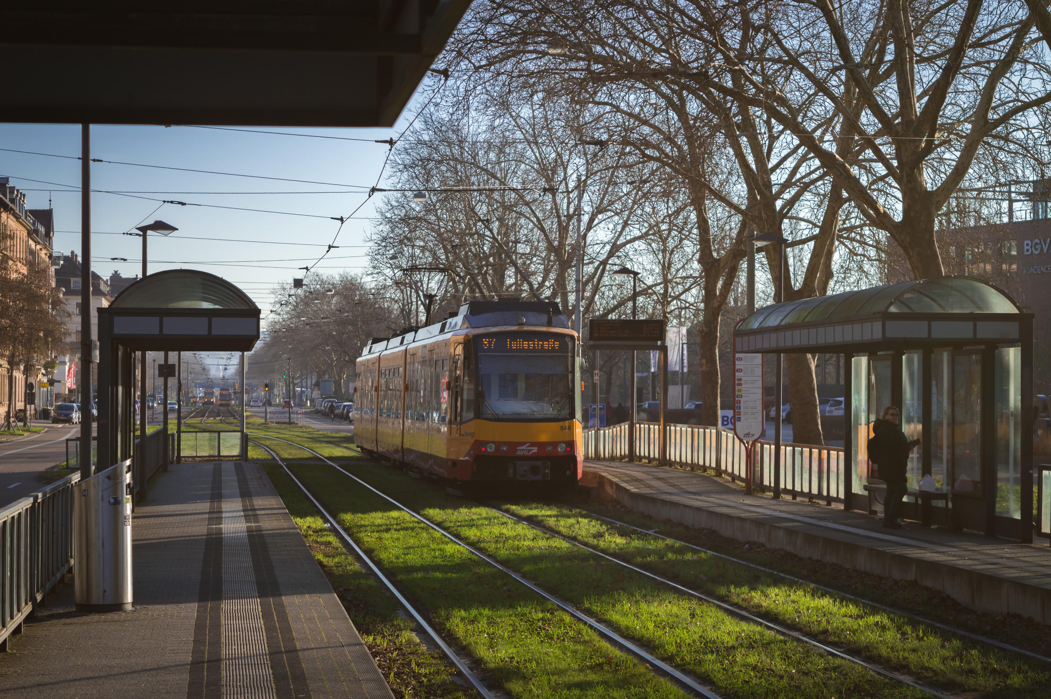 a tram departing from the stop