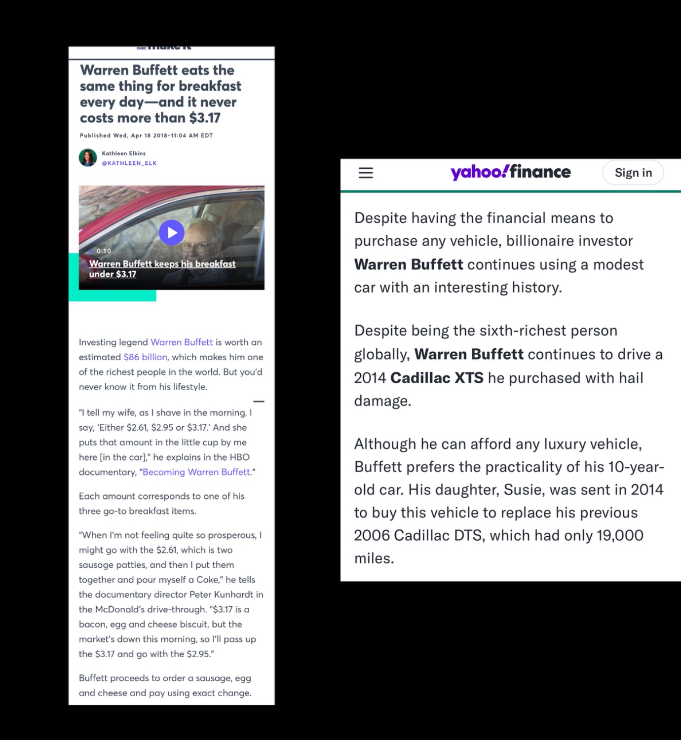 Screenshots of two news articles on Warren Buffett‘s frugality