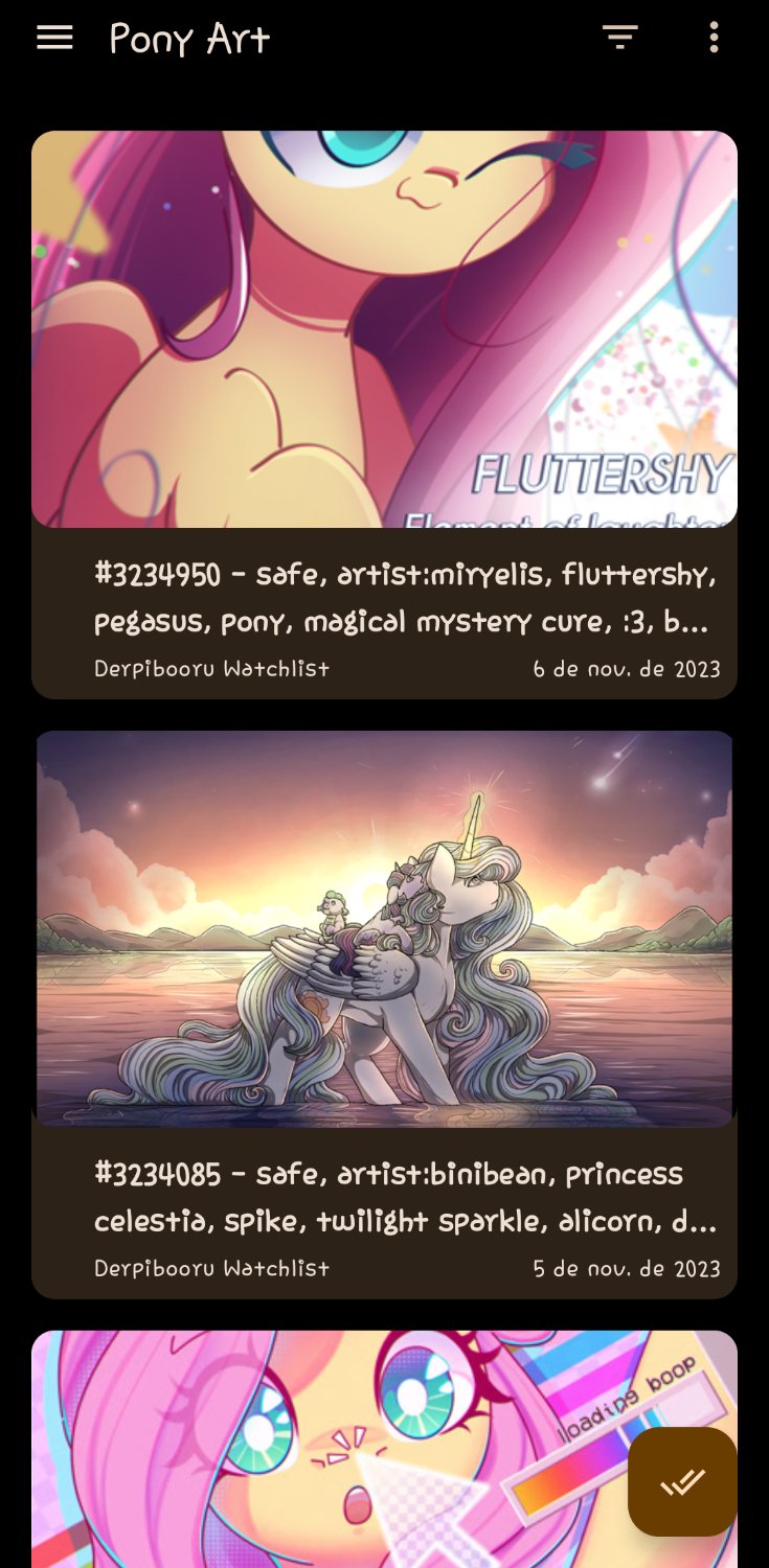 Screenshot of the feeder android app, a pony art feed is all that can be seen