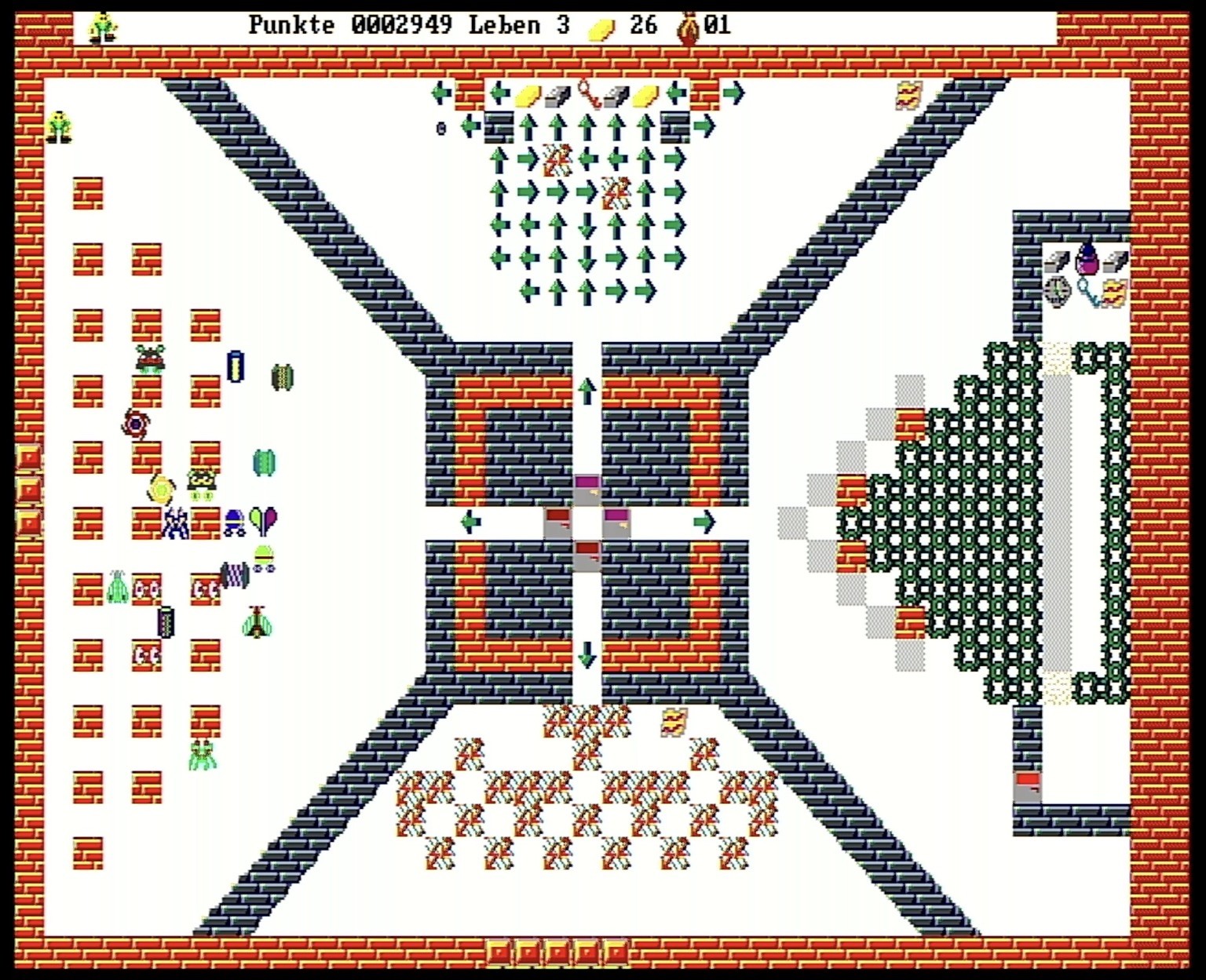 A 2D tile based games with lots of small sprites. The player controls a green figure that needs to be led through a maze with obstacles. 