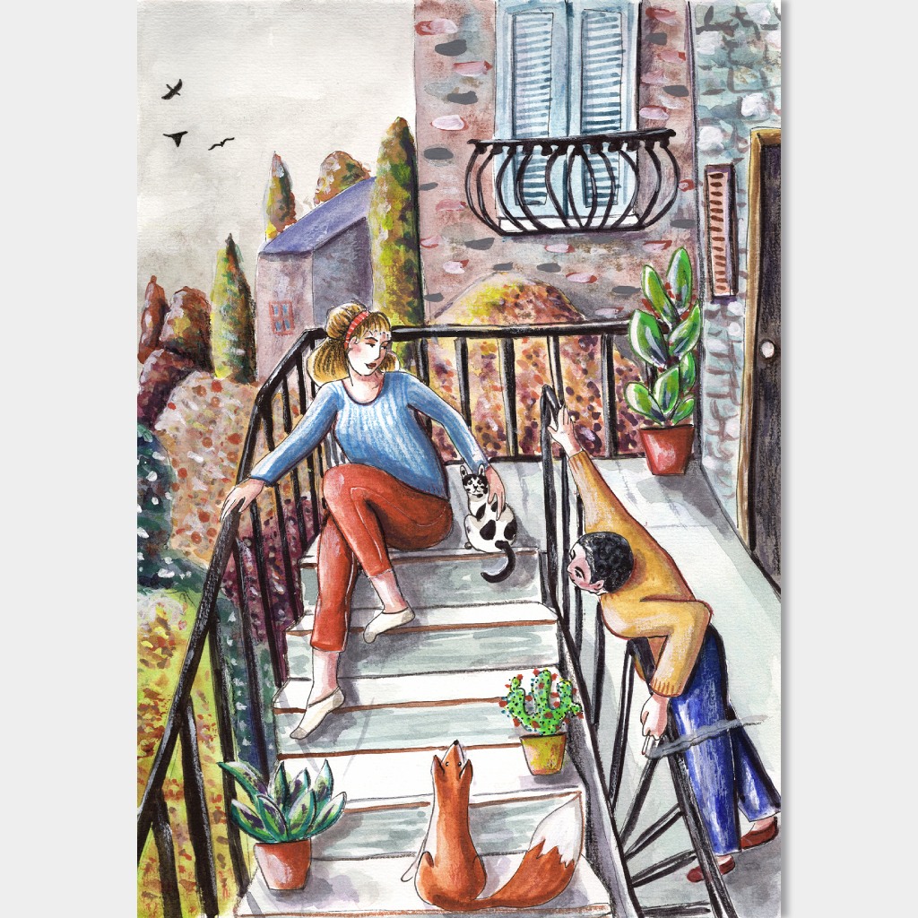 Two people in their staircase of their apartment is playing with a cat and a fox