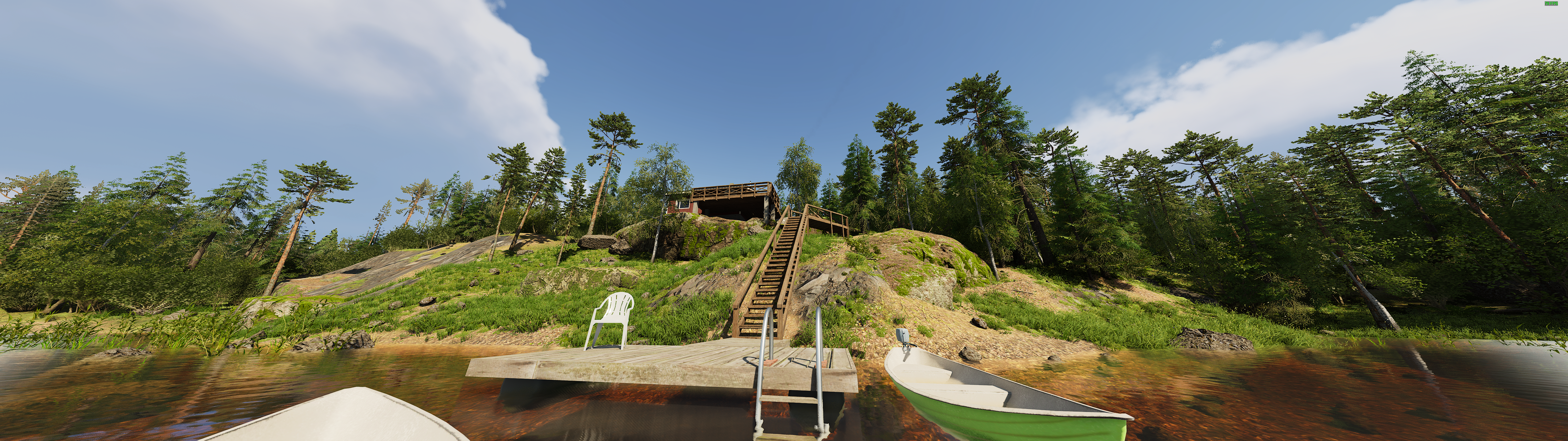 Screenshot of Finnish Cottage Simulator with playing driving a boat and approaching a cottage built on top of a cliff.