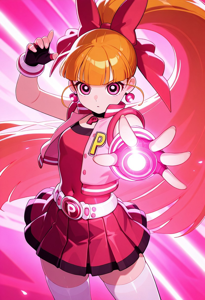 A girl with pink eyes, orange hair tied into a high ponytail with a large pink bow and a confident and determined expression. She is dressed in a striking outfit consisting of a sleeveless pink vest with a large yellow 'P' on the chest, paired with a red dress with a pleated skirt and white thigh-high socks. A white belt with a large pink 'P' on the buckle cinches her waist, along with black fingerless gloves and pink earrings. Her right arm is extended forward, with her hand glowing with a pink, circular energy orb. The background is a swirling mix of pink and white, creating a sense of motion and energy. 