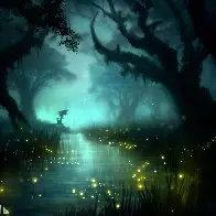 high fantasy swamp with fireflies and in the distance a silhouette of a magical creature