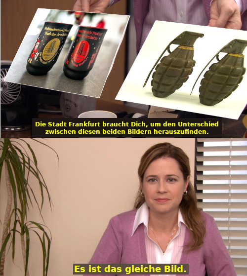 Pam von "The Office" soll den Unterschied zwischen Tassen des Frankfurter Weihnachtsmarktes und Handgranaten erkennen.