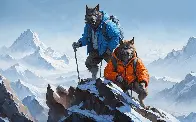 [AI-Generated] Sir Edmund Hillary and Tenzing Norgay as werewolves, summiting Mount Everest for the first time.