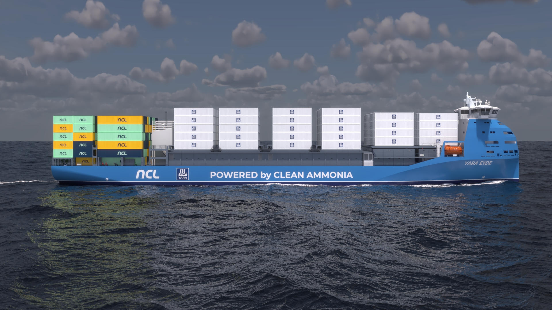 A computer generated image of a future container ship prototype functionning with ammonia as fuel. On its side is written "NCL" (North Sea Container Line logo) and "powered by green ammonia.