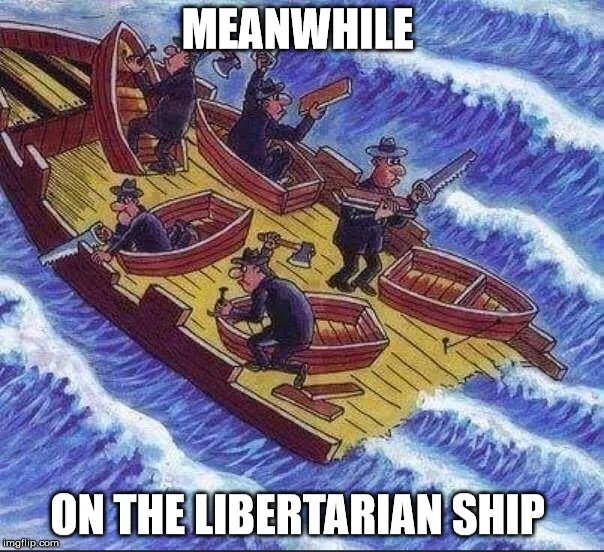 Meme text: meanwhile on the libertarian ship. Image contents: animated image of a sinking wooden ship in rough waters. All passengers are busy dismantling the sinking ship to build individual wooden dinghies. 
