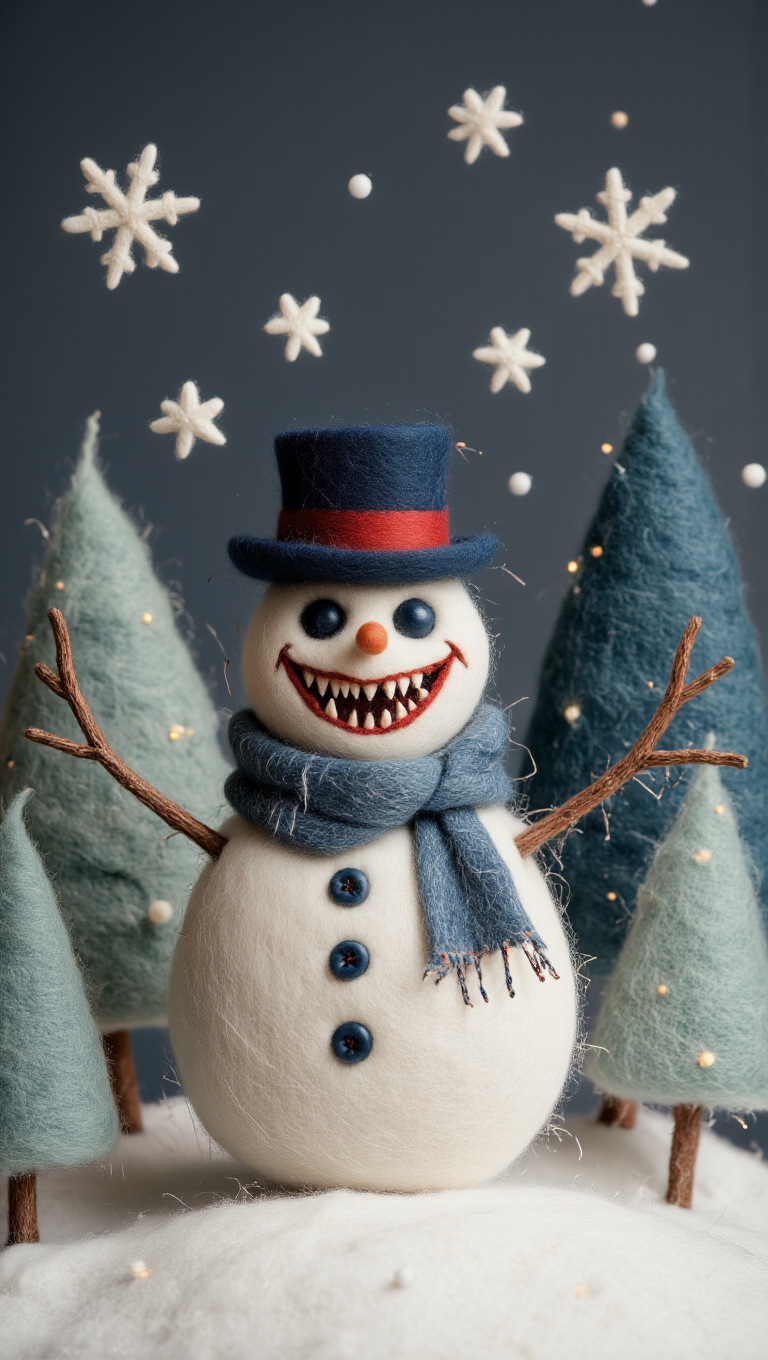 A charming winter scene featuring a felt snowman with an unnerving pointy grin, adorned with a blue scarf and top hat. The snowman has stick arms and three blue buttons down its front. Surrounding the snowman are felt trees in various shades of green, and white felt snowflakes are suspended in the air. 