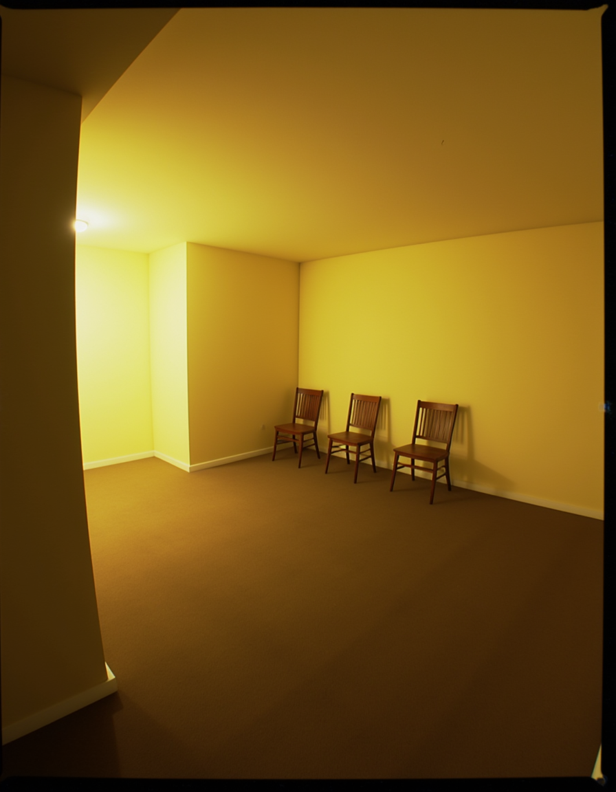 A sparsely furnished room with yellow walls and a brown carpeted floor. The room is illuminated by a single ceiling light in the corner. Three wooden chairs are arranged against one of the walls, giving a sense of isolation to the room. 