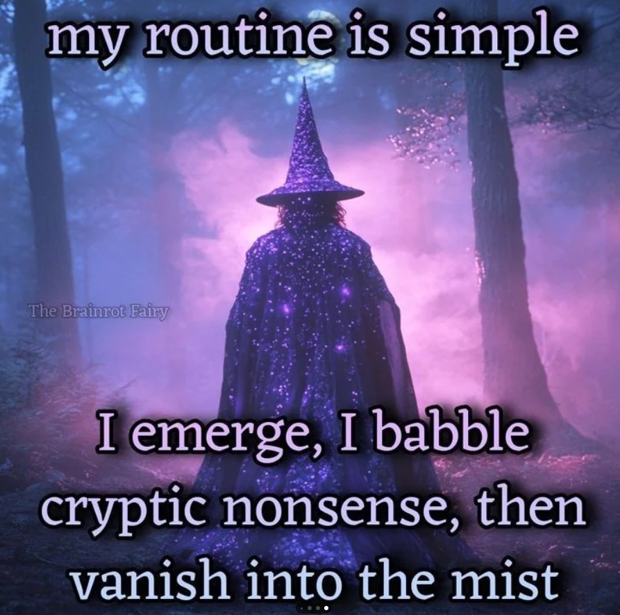 A wizard with his back turned says, "my routine is simple. I emerge, I babble cryptic nonsense, then vanish into the mist."