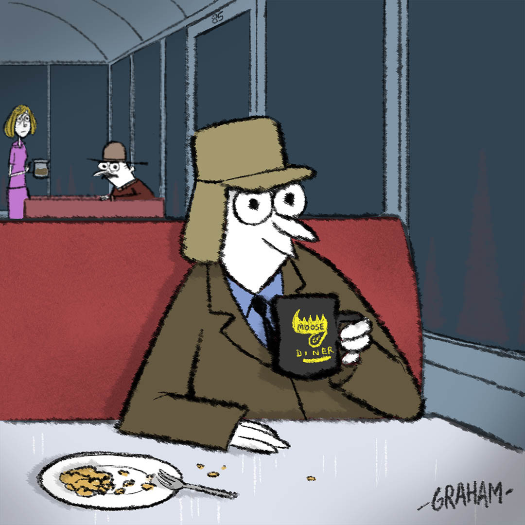 A color cartoon illustration of Nelson Tethers from the Puzzle Agent video game series holding up a black Moose Ear Diner mug while seated in a booth at the Moose Ear Diner.