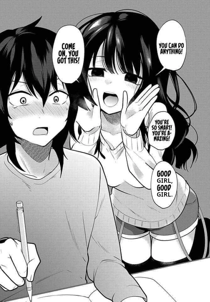 A manga crop showing a person sitting at a desk with a pencil in their hand, a girl behind them is whispering encouraging things in their ear, saying: "Come on you got this! You can do anything! You're so smart! You're amazing! Good girl, good girl."