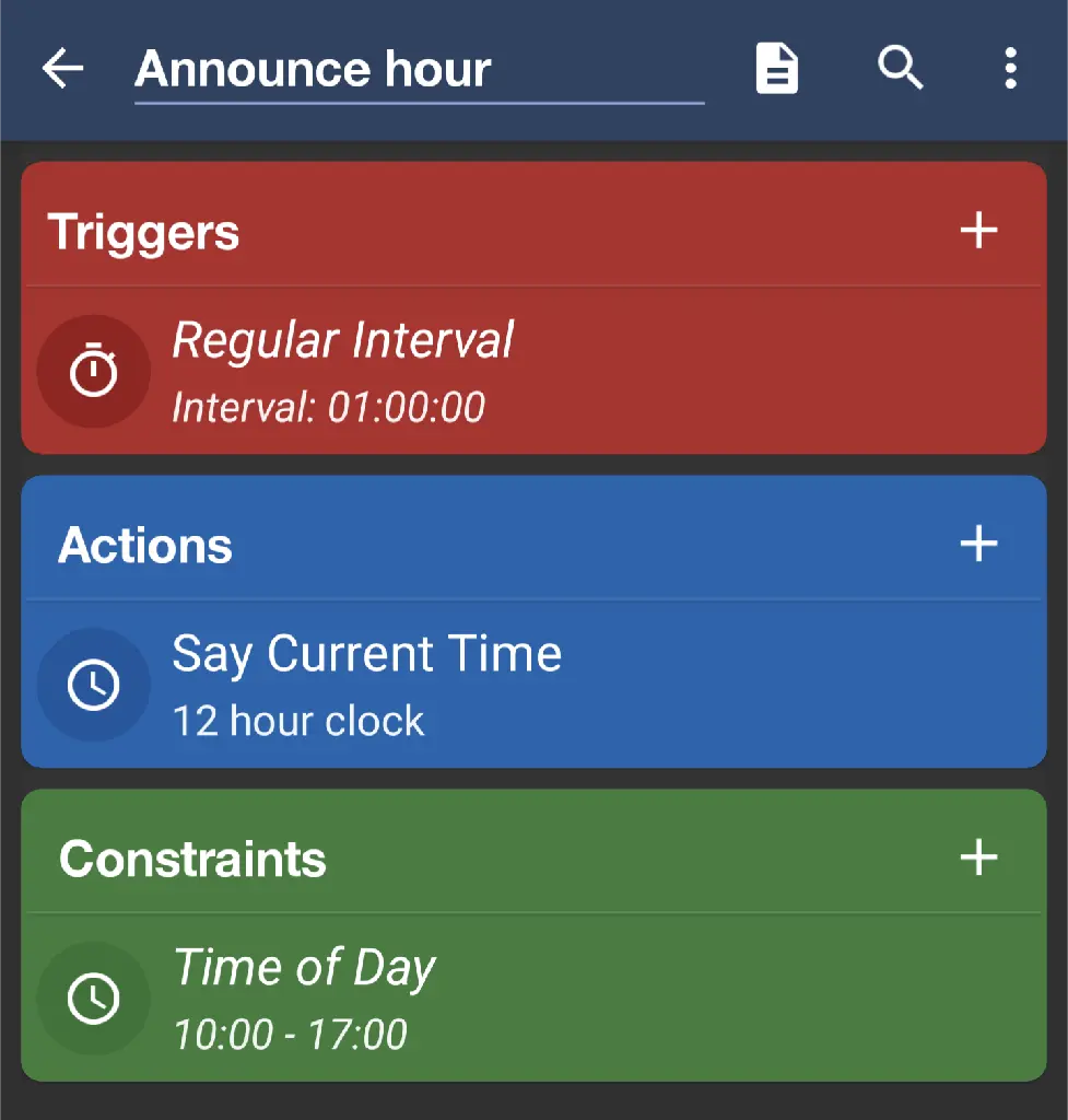 Screenshot of Macrodroid macro showing blocks &#39;regular interval (every 1 hour)&#39;,  &#39;say current time (12-hour clock)&#39;,  &#39;constraint current time between 10:00 and 17:00&#39;