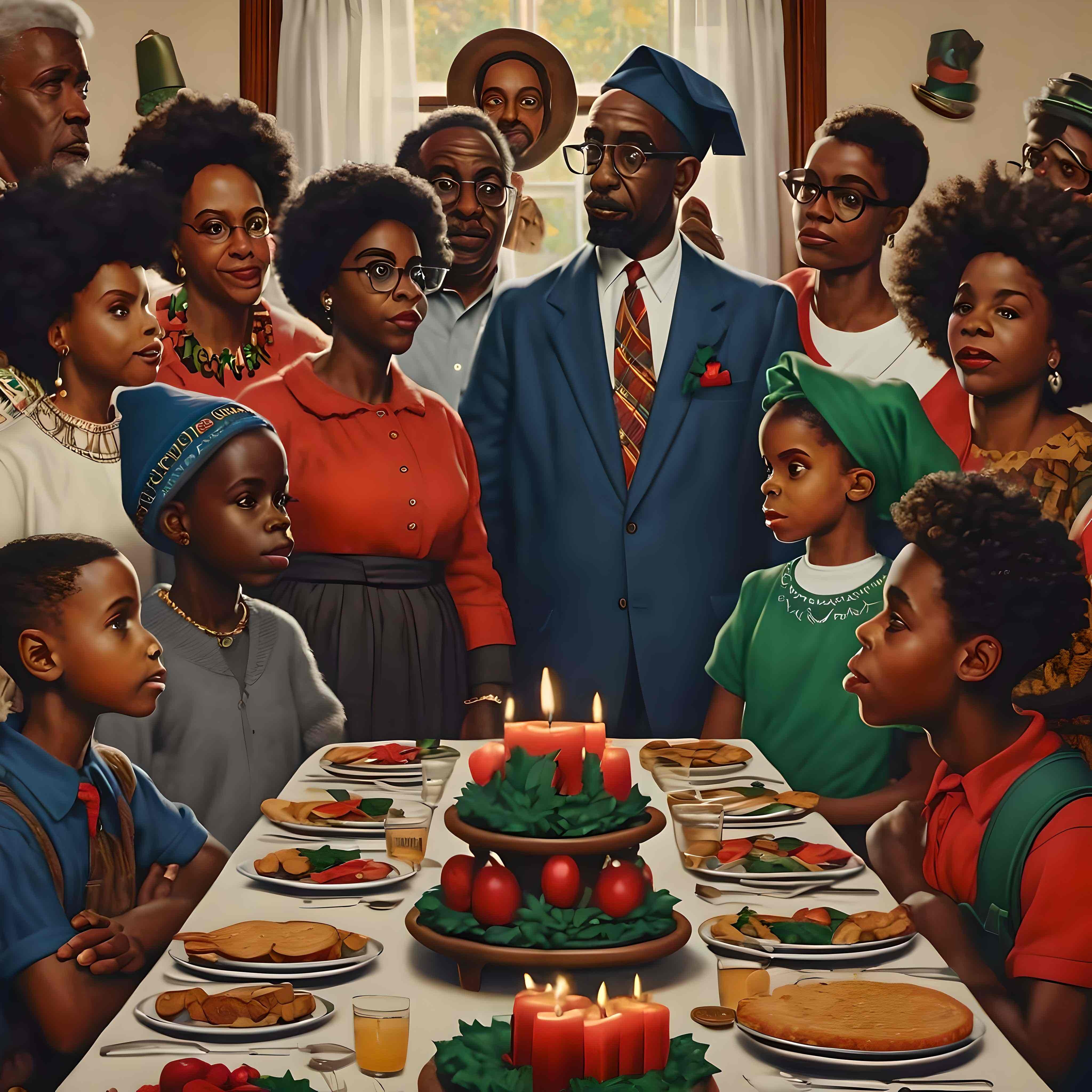 Crazy Kwanzaa in the style of Norman Rockwell