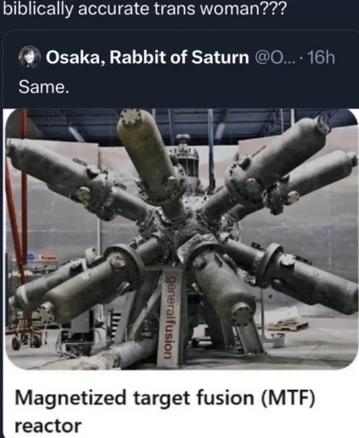 Caption: Magnetized target fusion (MTF) reactor. Tweet: Same. Retweet: biblically accurate trans woman???