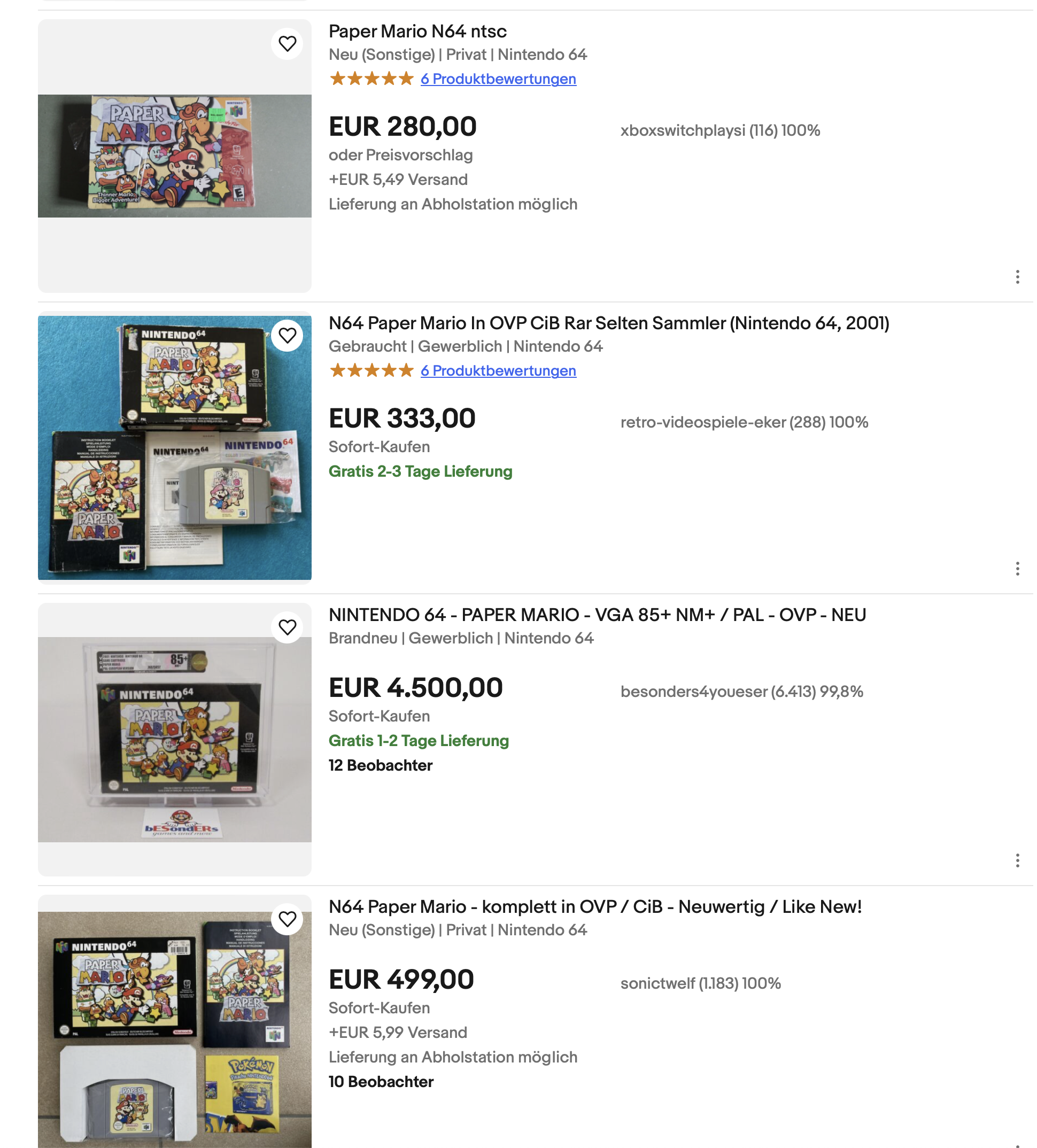 A screenshot of ebay listings for Paper Mario 64, ranging from EUR 280 to EUR 4500.