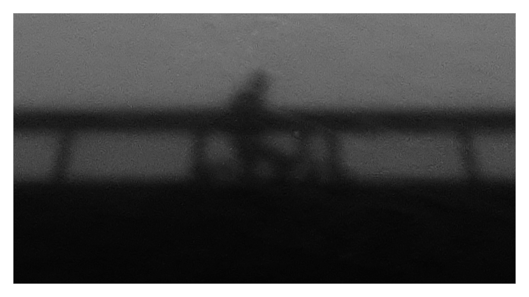 Black and white daylight photo.
Shadow of a character on a cycle, framed by a bridge parapet shadow.