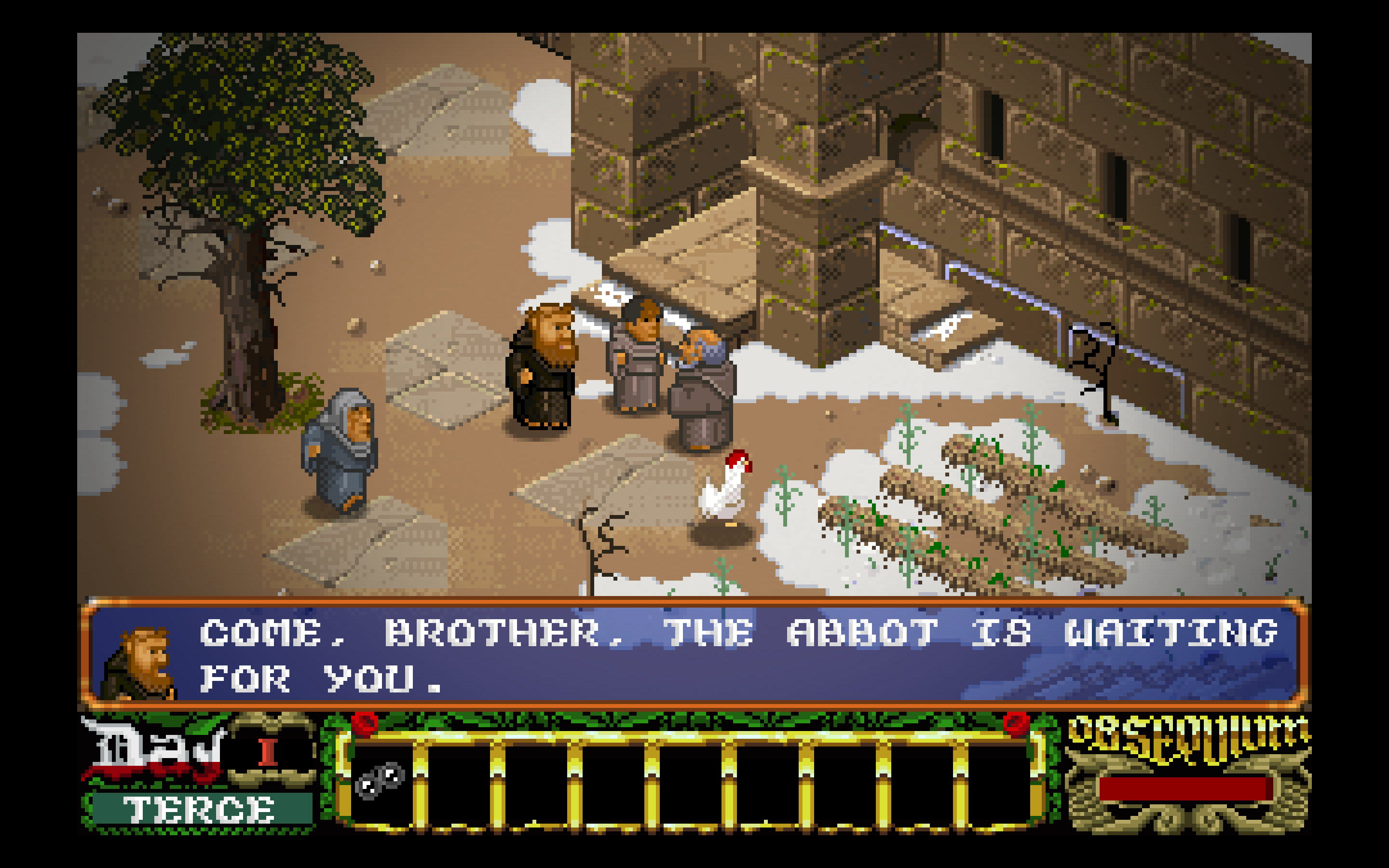 A screenshot of a few monks standing and chatting near a garden, were a chicken pecks listlessly at the snow.