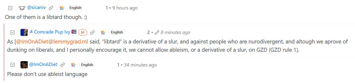 Tankies draw a weird line where they don't like ableist language -- But genocide denialism, racism, and general hate speech are fine.