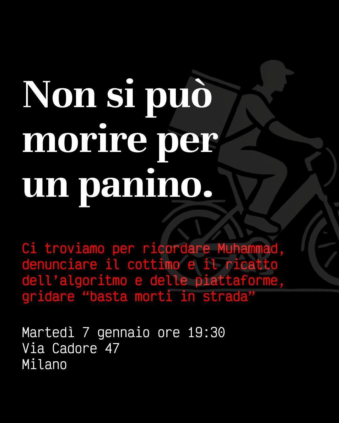 Immagine della manifestazione. Testo su sfondo nero e la sagoma di un rider glovo. Stesse informazioni del toot