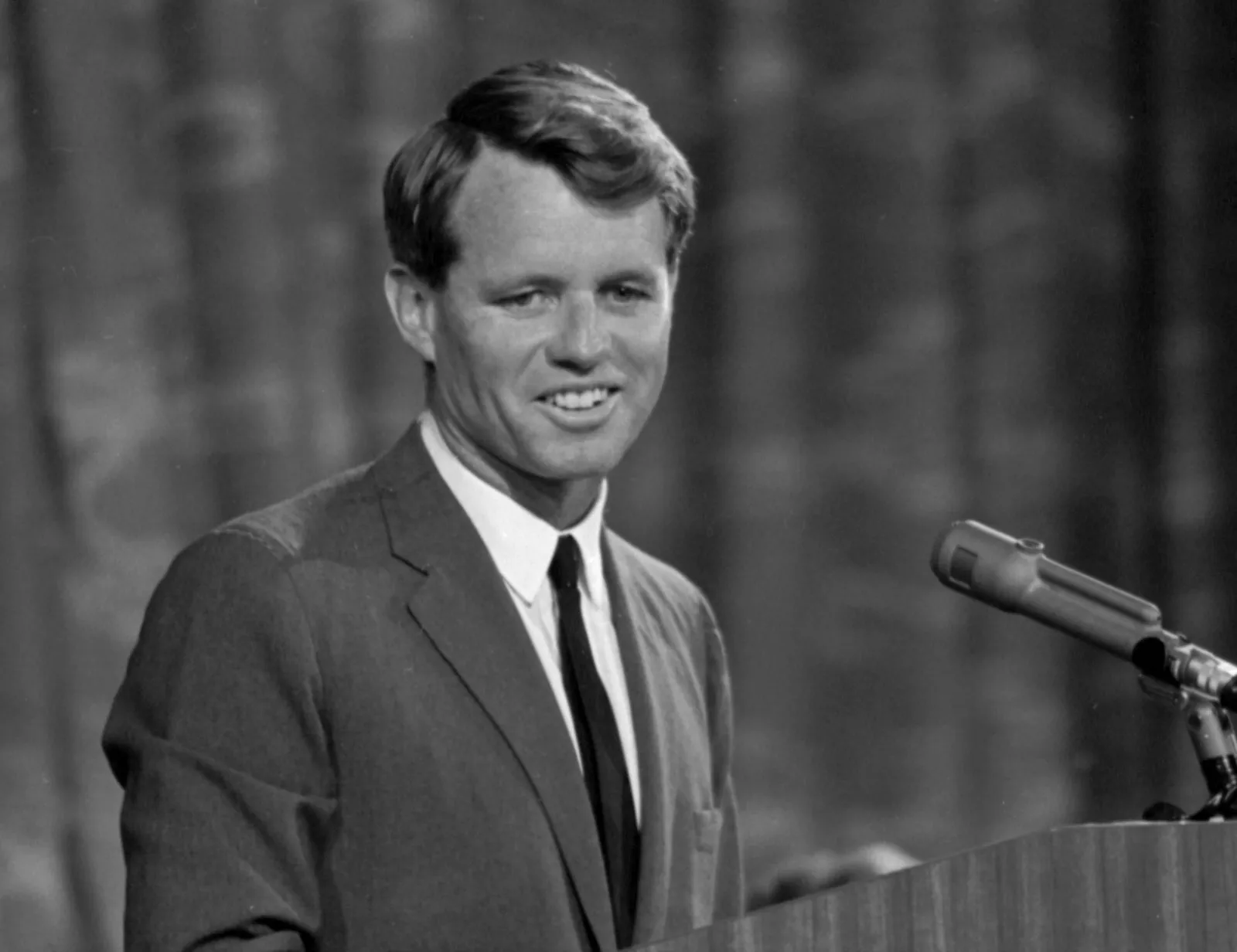 A picture of Robert F. Kennedy delivering a speech. Kennedy was assassinated on 6 June 1968 while campaigning for the US presidency.