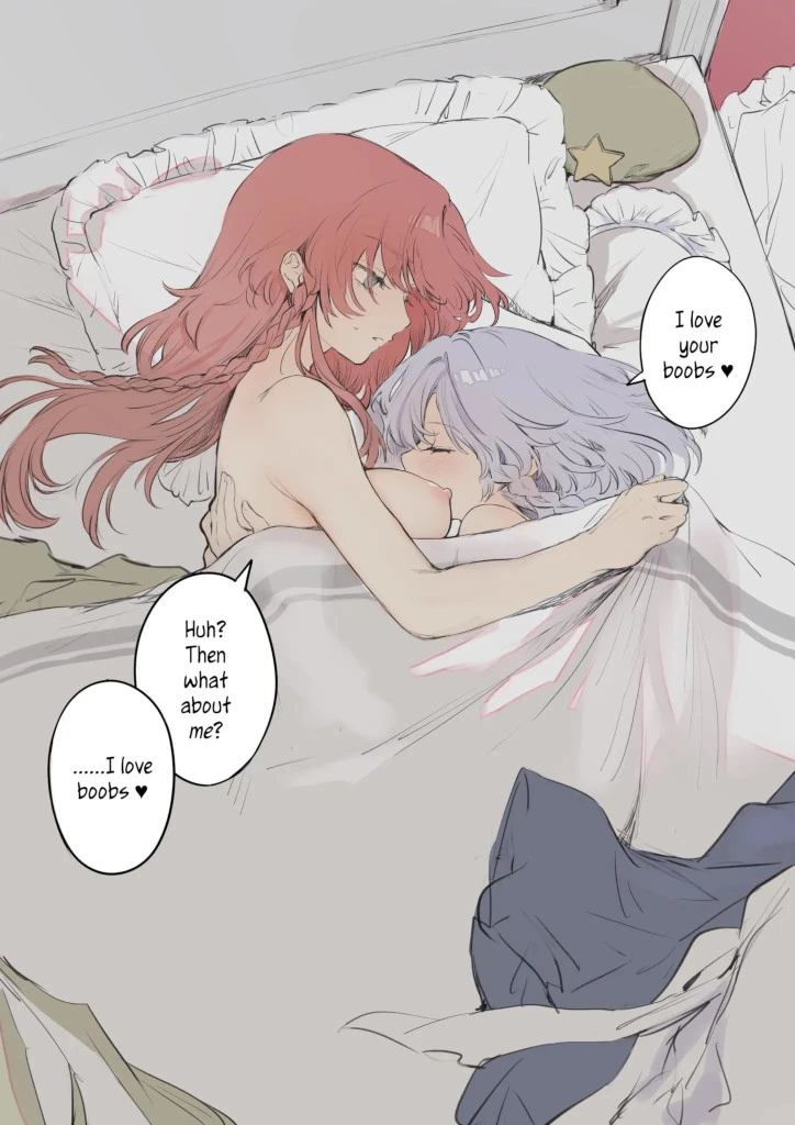 A drawing of Meiling and Sakuya from Touhou cuddling in bed. Sakuya is snuggling her head between Meiling's naked boobs. Their dialogue reads: "I love your boobs ❤️" "Huh? Then what about me?" "...I love boobs ❤️"