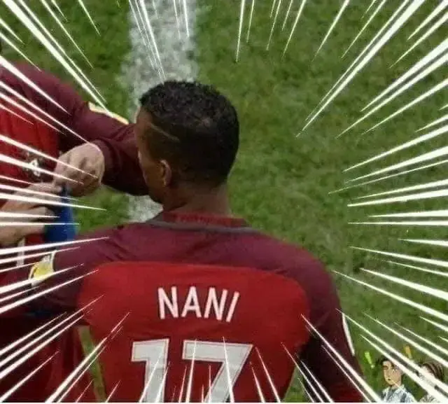 picture of the footballer Nani from behind,  in a team shirt,  showing his name, with a dramatic effect around the edges of the frame