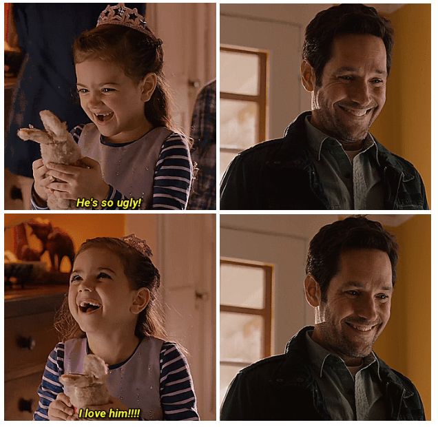 pictures from ant man giving his daughter a stuffed toy captioned "he's so ugly! i love him!"