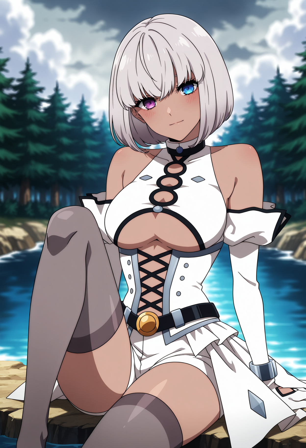 A young woman with a short white bob haircut, and a confident expression, with one eye blue and the other eye red. She is wearing a revealing, white, outfit with black accents, a large, gold belt buckle, and thigh-high stockings. The background depicts a lake in a picturesque forest with a cloudy sky. 