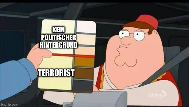 „Family Guy Skin Color Chart“-Meme, Oberer Text (helle Hautfarben): „Kein politischer Hintergrund“, Unterer Text (dunkle Hautfarben): „Terrorist“