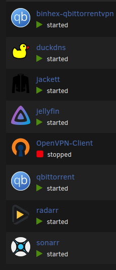 Image containing a row of logos that enable users to manage a personal archive of Media using Open Source tools including Qbittorrent, Sonarr, Radarr, Jackett, Jellyfin and OpenVPN/Wireguard