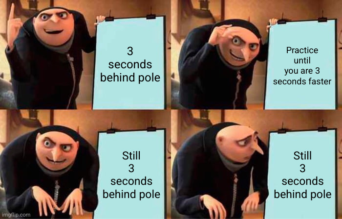 3 seconds behind pole
practice until you are 3 seconds faster
still 3 seconds behind pole